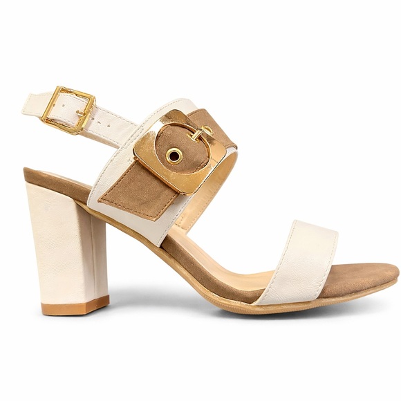 Beacon Shoes - Beacon Cream & Tan Block Heel Sandal with Gold Buckle Accent